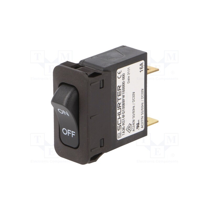 1 pcs x SCHURTER - TA36-RS14FQ100BBFW160000-000 - Circuit breaker, Urated: 240VAC, 32VDC, 16A, SPST, 34x14.5mm, MCB