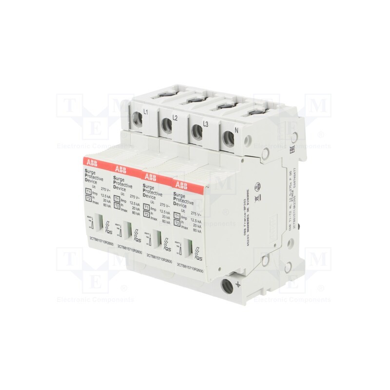 1 pcs x ABB - OVR T1-T2 4L 12.5-275S P QS - Surge arrestor, Type 1+2, Poles: 4, In 8/20us: 80kA, -40÷80°C, IP20