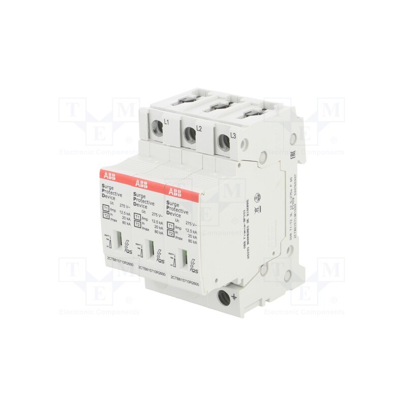 1 pcs x ABB - OVR T1-T2 3L 12.5-275S P QS - Surge arrestor, Type 1+2, Poles: 3, In 8/20us: 80kA, -40÷80°C, IP20
