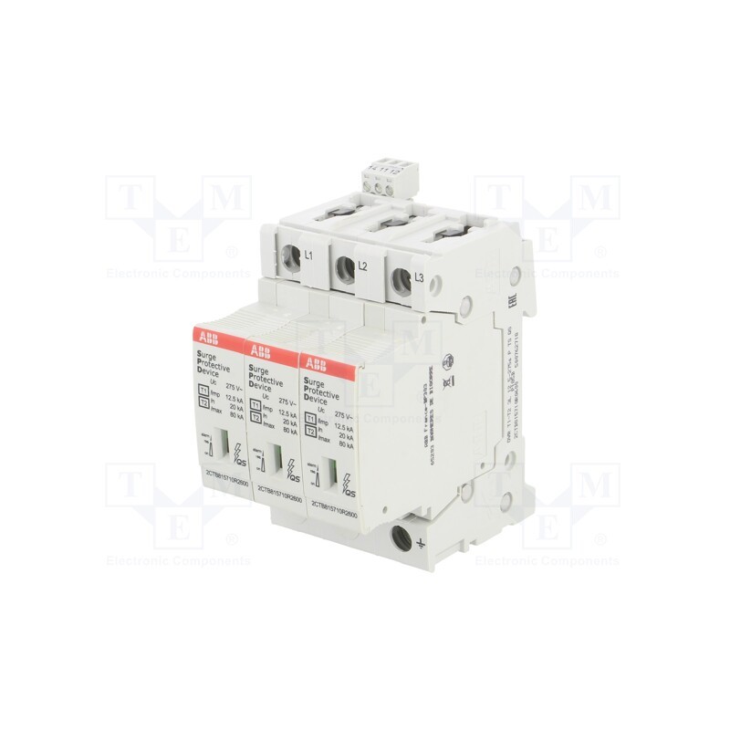 1 pcs x ABB - OVR T1-T2 3L 12.5-275S P TS QS - Surge arrestor, Type 1+2, Poles: 3, In 8/20us: 80kA, -40÷80°C, IP20