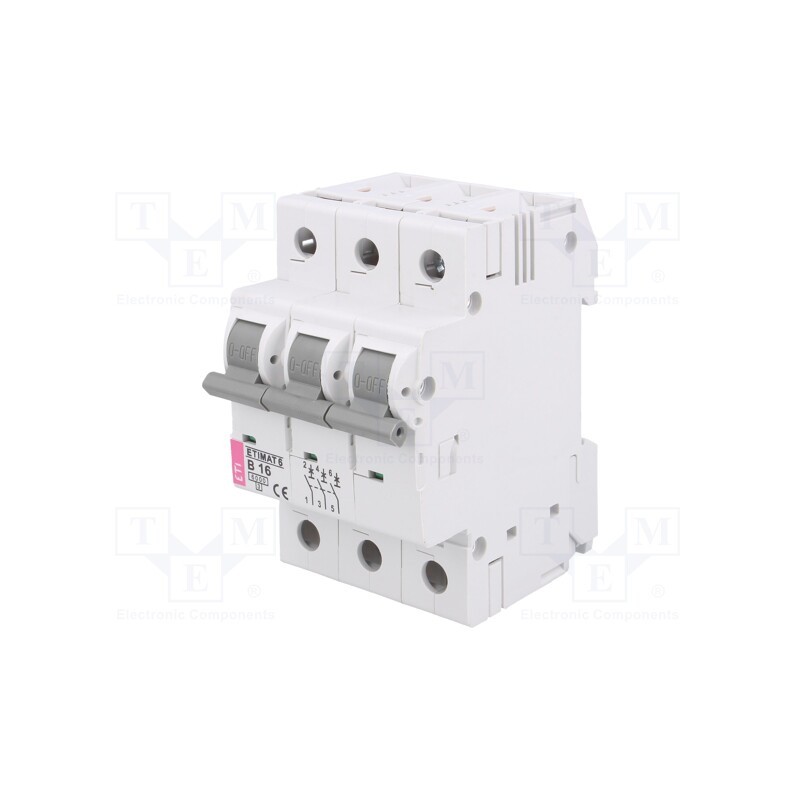 1 pcs x ETI POLAM - ETIMAT 6 3P B16 - Circuit breaker, 230/400VAC, Inom: 16A, Poles: 3, Charact: B, 6kA