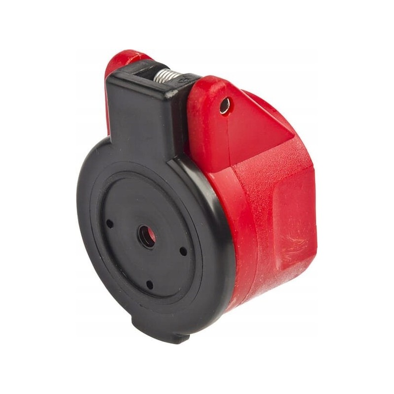 Quick connector socket cover with a hole for a clip marked