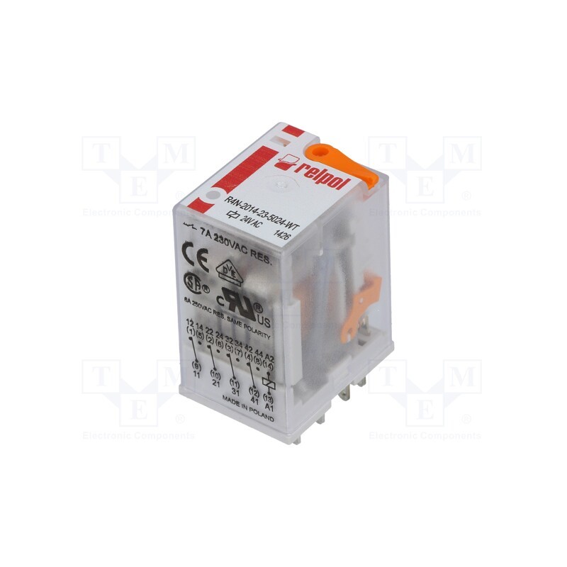 1 pcs x RELPOL - R4N-2014-23-5024-WT - Relay: electromagnetic, 4PDT, Ucoil: 24VAC, Icontacts max: 6A, IP40