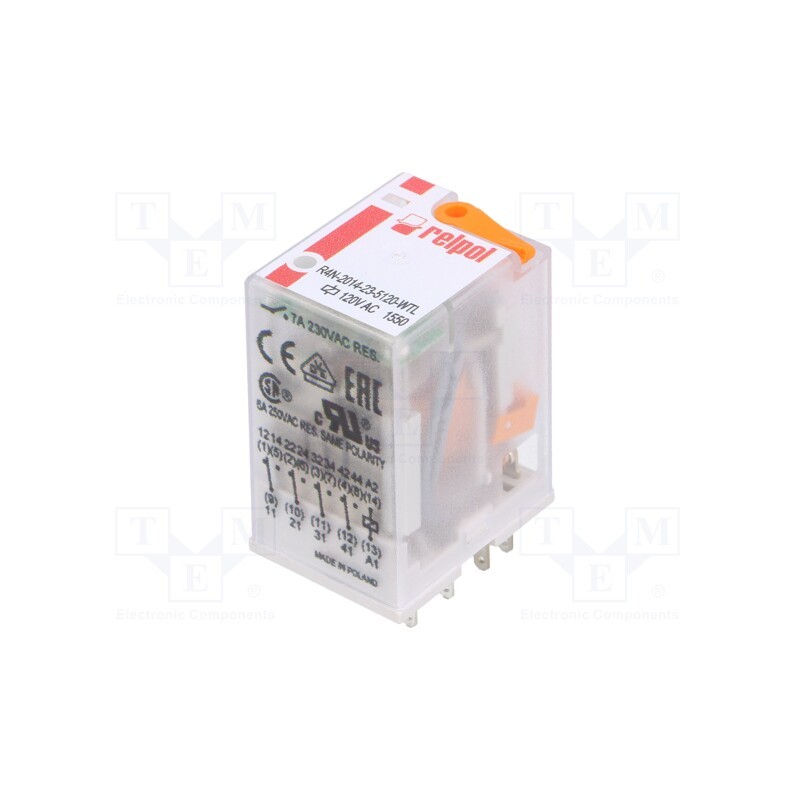 1 pcs x RELPOL - R4N-2014-23-5120-WTL - Relay: electromagnetic, 4PDT, Ucoil: 120VAC, Icontacts max: 6A