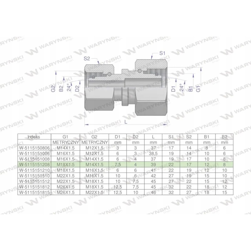 Metric hydraulic connector aa m18x1 5 12l x m1