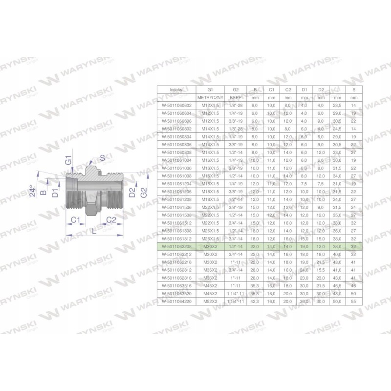 Hydraulic connection m30x2 22l 1 2 bsp 2 pcs