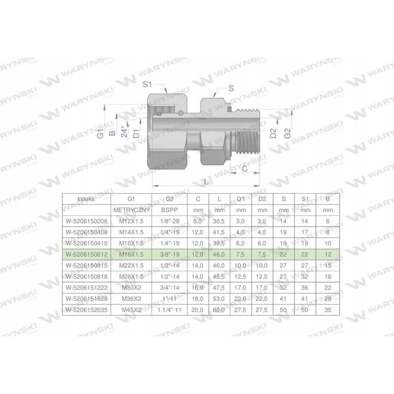 Hydraulic connection ab evge m18x1 5 12l x 3