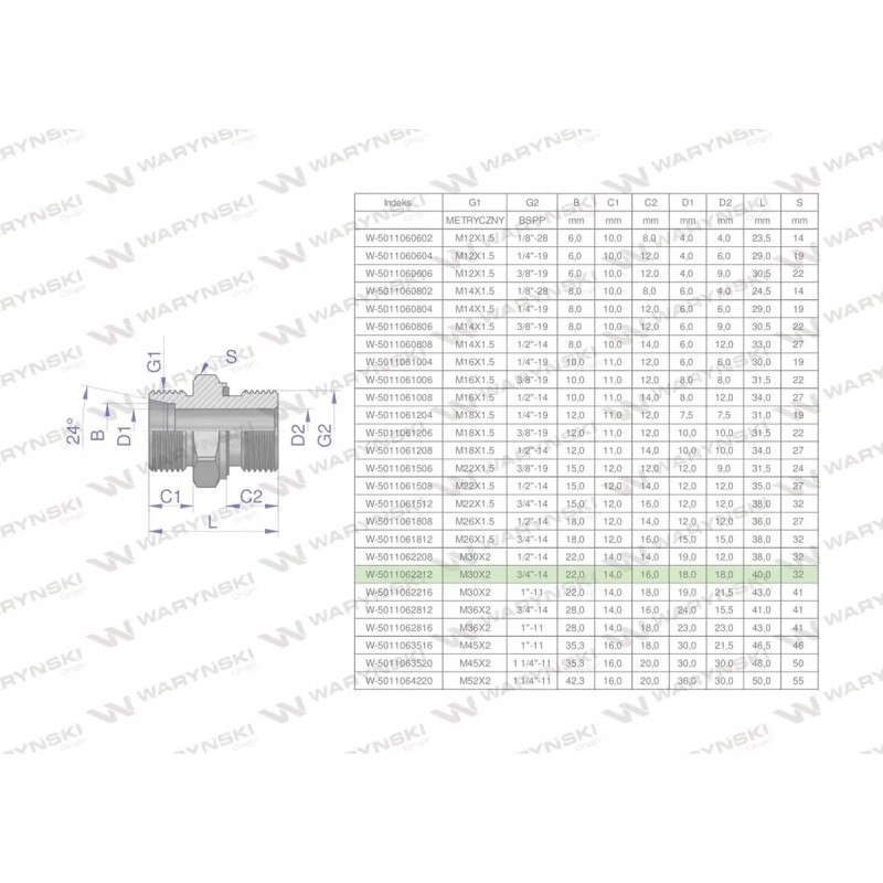 Hydraulic connection bb xge m30x2 22l x 3 4