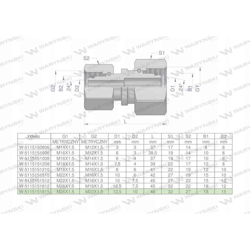 Metric hydraulic connector aa m26x1 5 18l x m2