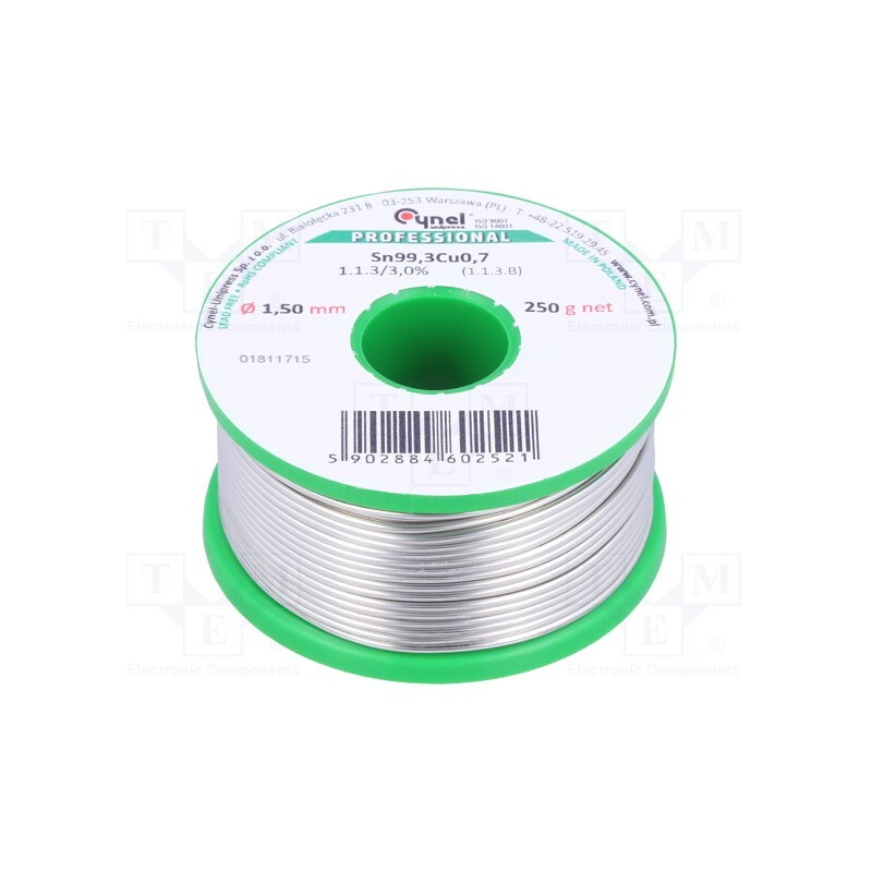 1 pcs x CYNEL - SN99C-1.5/0.25 - Soldering wire, Sn99,3Cu0,7, 1.5mm, 250g, lead free, reel, 227°C