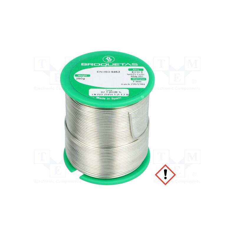 1 pcs x BROQUETAS - ECO3 B2.1 1,0MM 250GR - Soldering wire, Sn97Cu3, 1mm, 250g, lead free, reel, 230°C