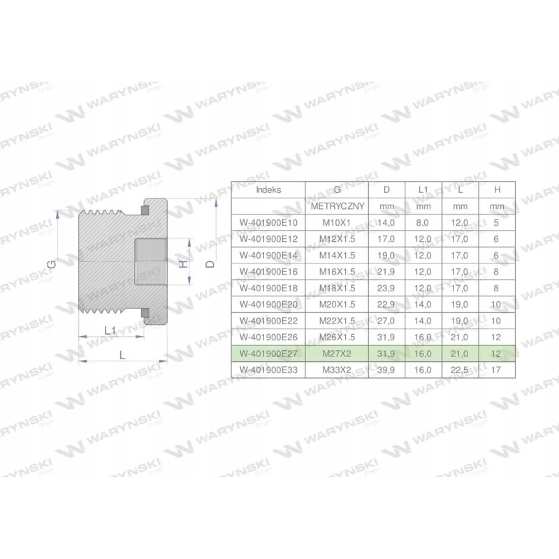 Metric hydraulic plug for Allen key m27x2 ed w