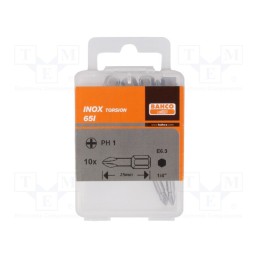 1 pcg x BAHCO - 65I/PH1 - Screwdriver bit, Phillips, PH1, Overall len: 25mm, 10pcs.