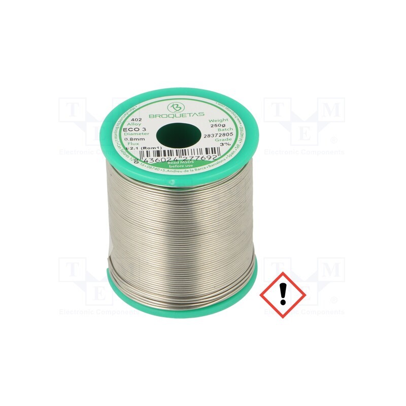 1 pcs x BROQUETAS - ECO3 (SNCU3) FLUX B2.1 0,8 MM 250 G. - Soldering wire, Sn97Cu3, 0.8mm, 250g, lead free, reel, 230°C