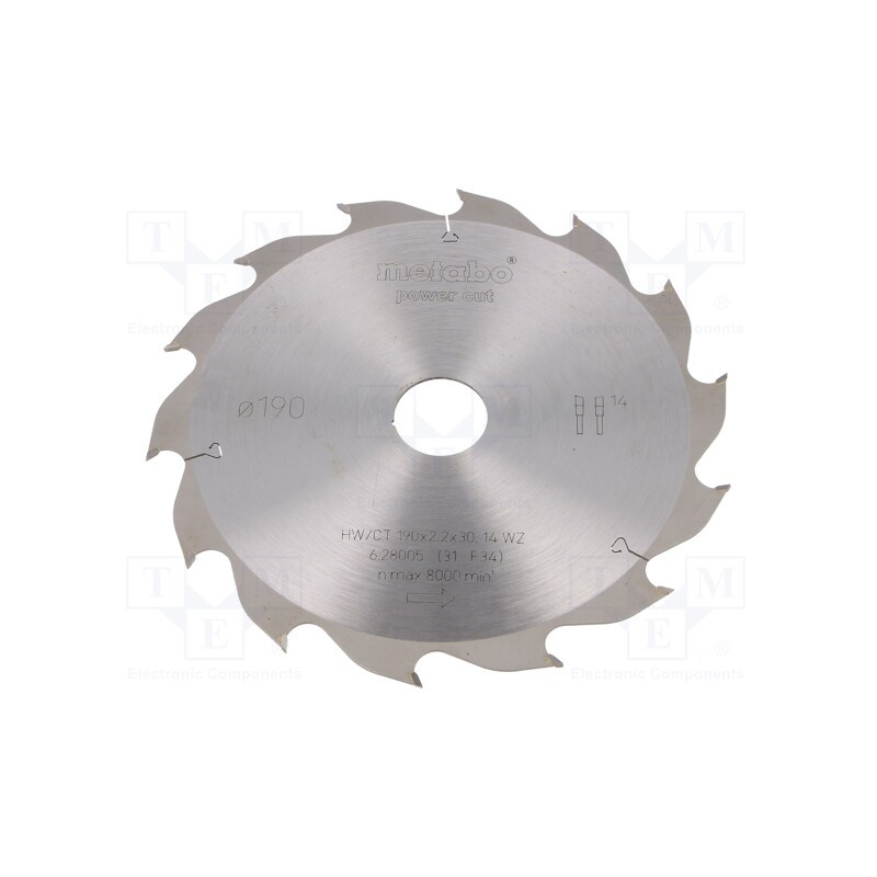 1 pcs x METABO - 628005000 - Circular saw, Ø: 190mm, Øhole: 30mm, W: 2.2mm, Teeth: 14, HW/CT