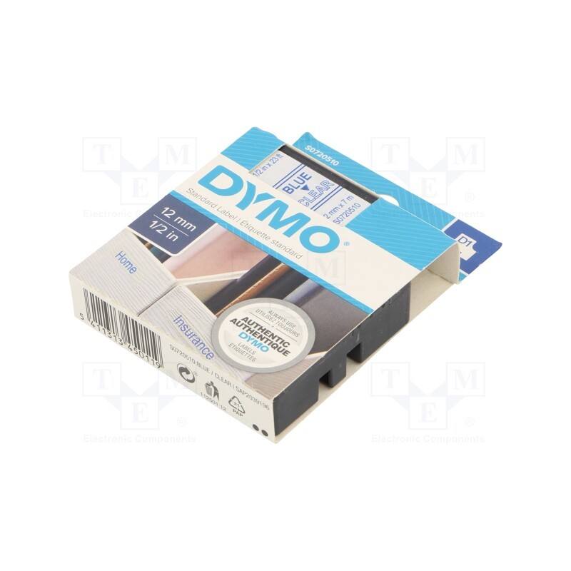 1 pcs x DYMO - S0720510 - Tape, 12mm, 7m, transparent, Character colour: blue