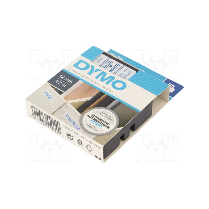 1 pcs x DYMO - S0720540 - Tape, 12mm, 7m, white, Character colour: blue