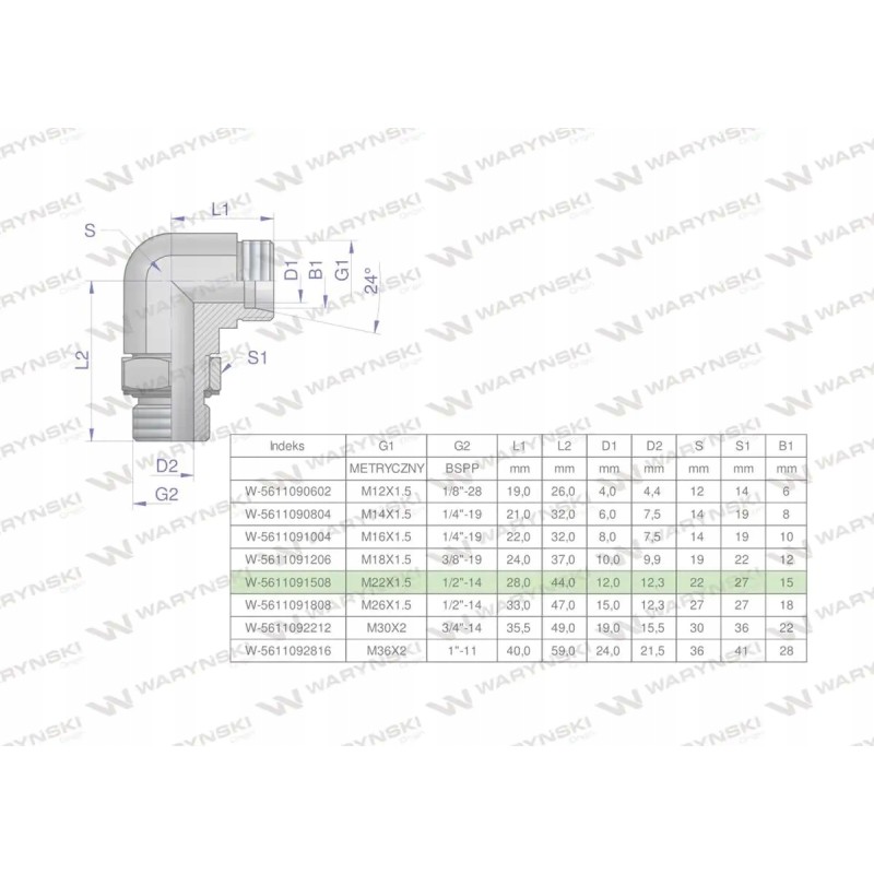 Hydraulic adjustable elbow bb m22x1 5 15l x 1 2