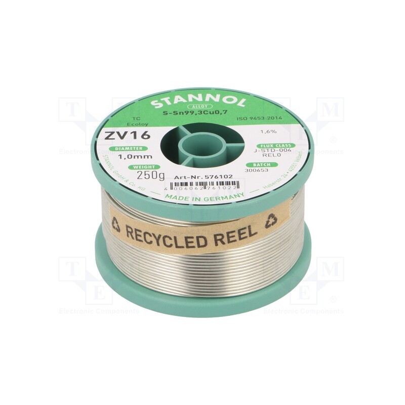 1 pcs x STANNOL - 576102 - Soldering wire, Sn99,3Cu0,7, 1mm, 250g, lead free, reel, 1.6%, ZV16