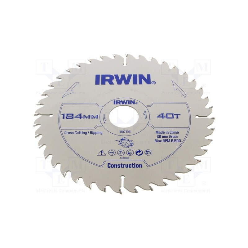 1 pcs x IRWIN - 1897198 - Circular saw, Ø: 184mm, Øhole: 30mm, Teeth: 40, wood