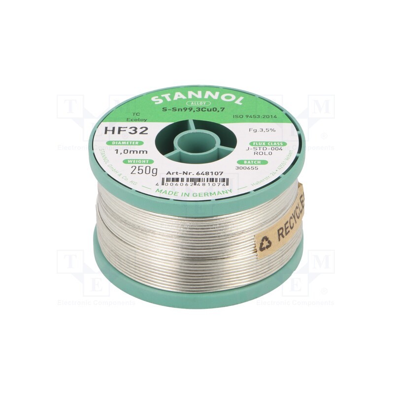 1 pcs x STANNOL - 648107 - Soldering wire, Sn99,3Cu0,7, 1mm, 250g, lead free, reel, 3.5%, HF32