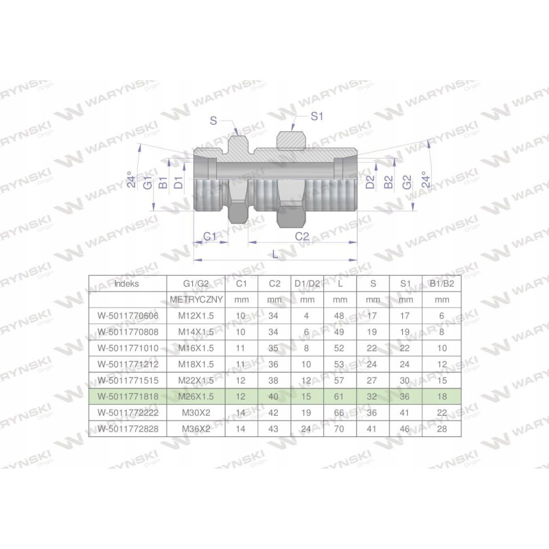 Hydraulic connector bb m26x1 5 18l xsv warynski