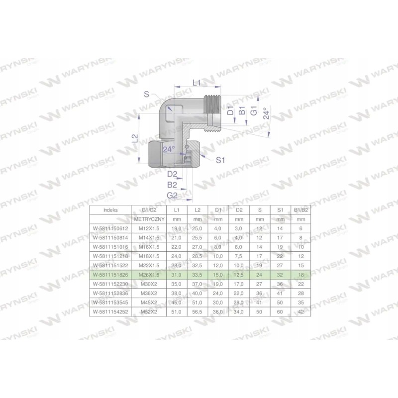 Metric hydraulic elbow ab m26x1 5 18l xev