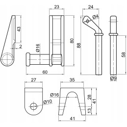 Set of side hinges, upper lower, fi16, 2x left, 2x right