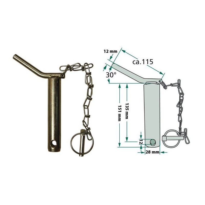 Lower hook pin, 135mm, category 2, galvanized