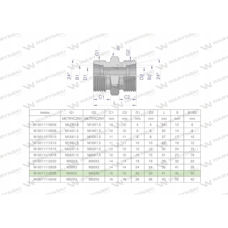 Metric hydraulic connector bb m45x2 35l x g w