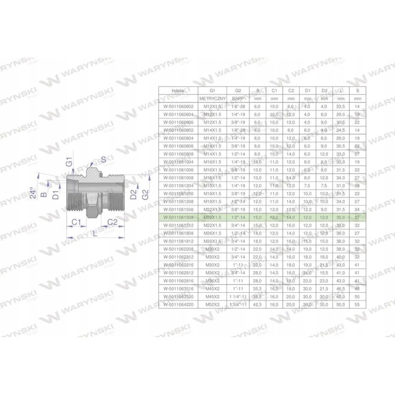 Hydraulic connection bb xge m22x1 5 15l x 1 2