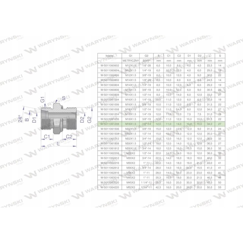 Hydraulic connection bb xge m18x1 5 12l x 1 2