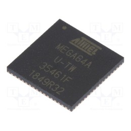 1 pcs x MICROCHIP TECHNOLOGY - ATMEGA64A-MU - IC: AVR microcontroller, VQFN64, 2.7÷5.5VDC, Ext.inter: 8, Cmp: 1
