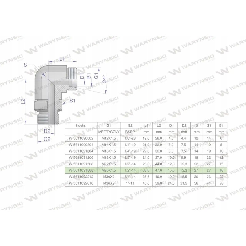 Hydraulic adjustable elbow bb m26x1 5 18l x 1 2