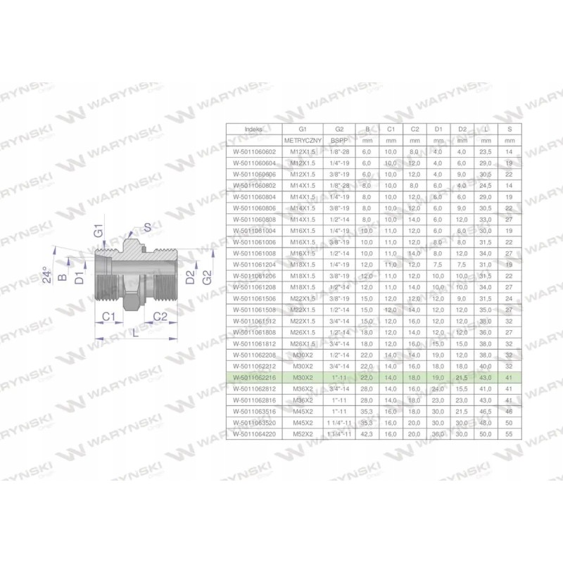 Hydraulic connection bb xge m30x2 22l x 1