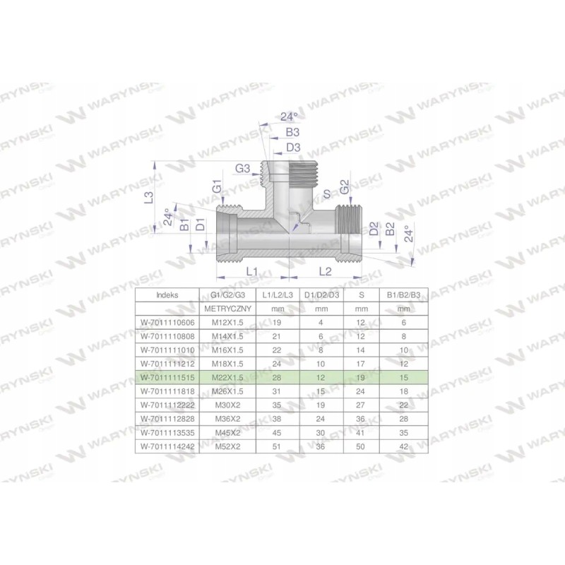 Metric hydraulic tee bbb m22x1 5 15l xt