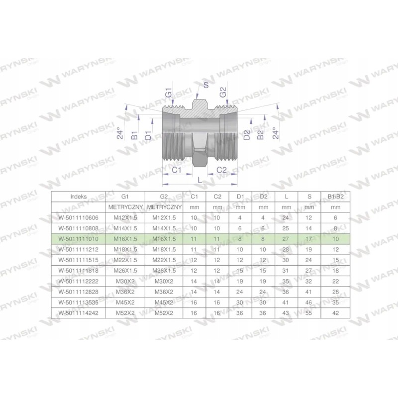 Metric hydraulic connector bb m16x1 5 10l xg