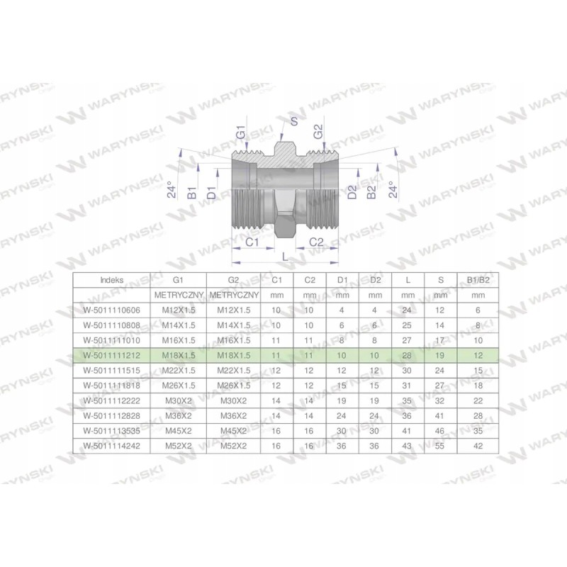 Metric hydraulic connector bb m18x1 5 12l xg