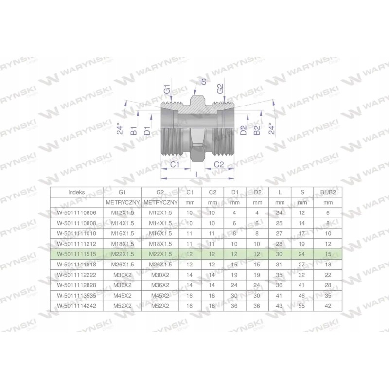 Metric hydraulic connector bb m22x1 5 15l xg