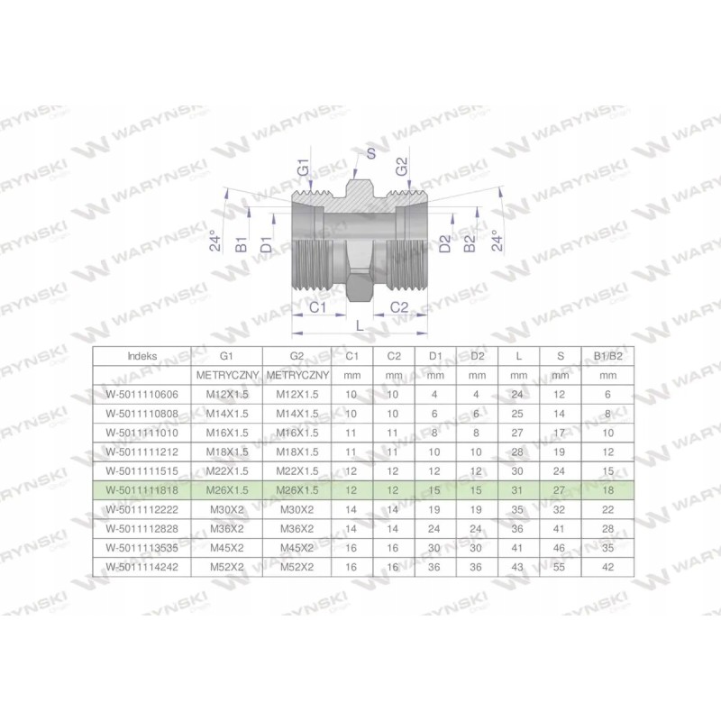 Metric hydraulic connector bb m26x1 5 18l xg
