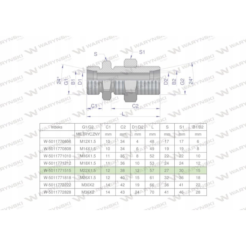 Hydraulic connector bb m22x1 5 15l xsv warynski