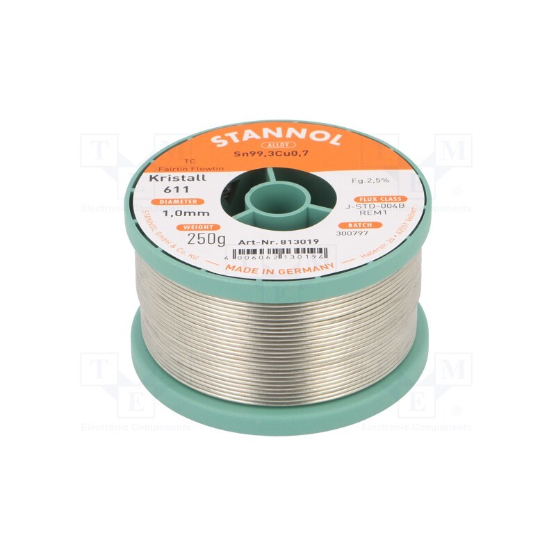 1 pcs x STANNOL - 813019 - Soldering wire, Sn99,3Cu0,7, 1mm, 250g, lead free, reel, 2.5%