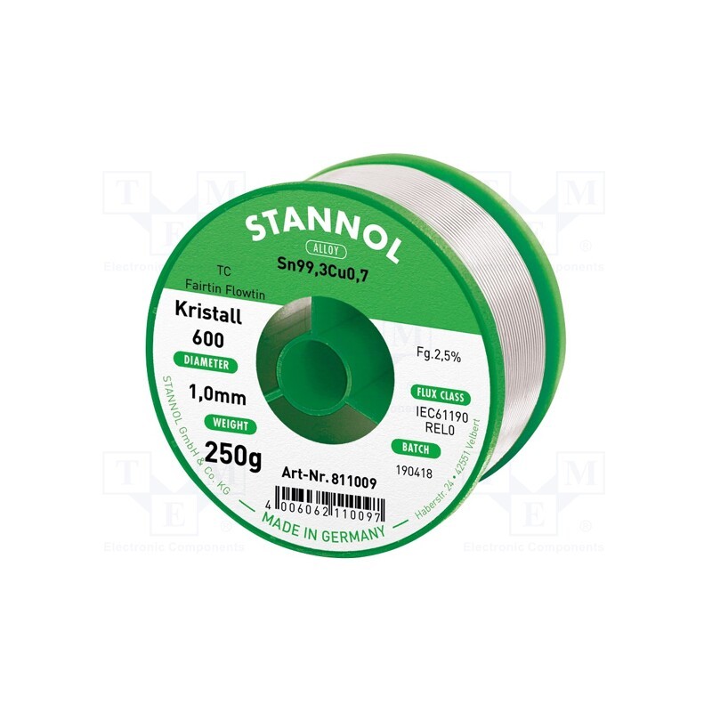 1 pcs x STANNOL - 811009 - Soldering wire, Sn99,3Cu0,7, 1mm, 250g, lead free, reel, 2.5%