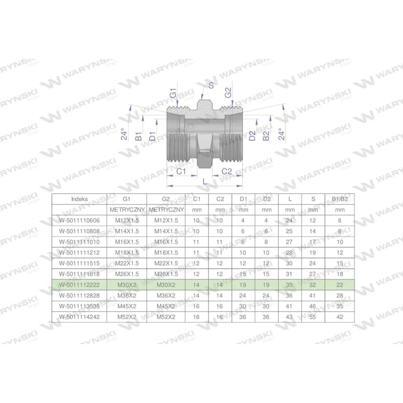 Metric hydraulic connector bb m30x2 22l x g w