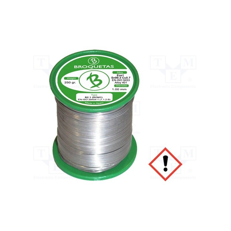 1 pcs x BROQUETAS - ECO1 B2.1 1MM 250G - Soldering wire, Sn99,3Cu0,7, 1mm, 0.25kg, lead free, reel, 220°C
