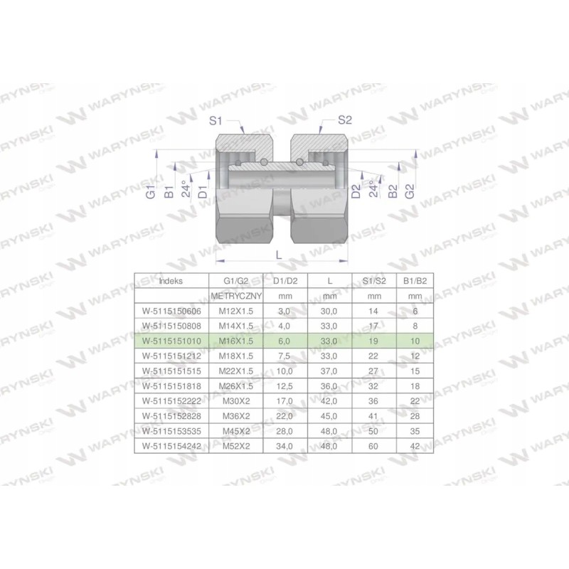 Metric hydraulic connector aa m16x1 5 10l wary