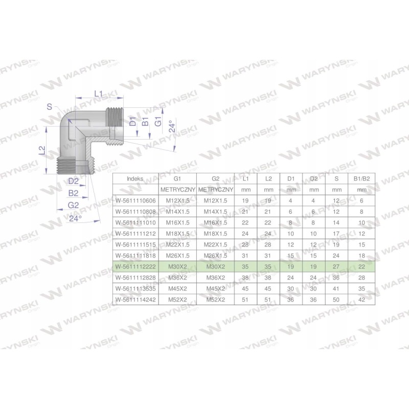 Hydraulic elbow BB M30x2 22L xW Warynski