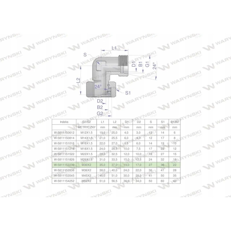Metric hydraulic elbow ab m30x2 22l xevw