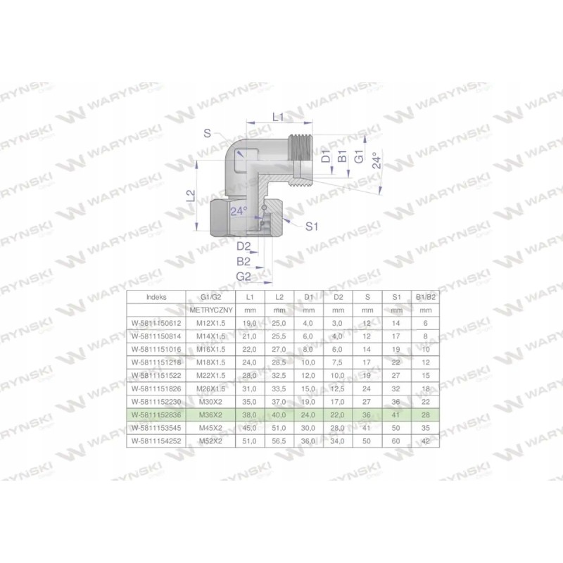 Metric hydraulic elbow ab m36x2 28l xevw