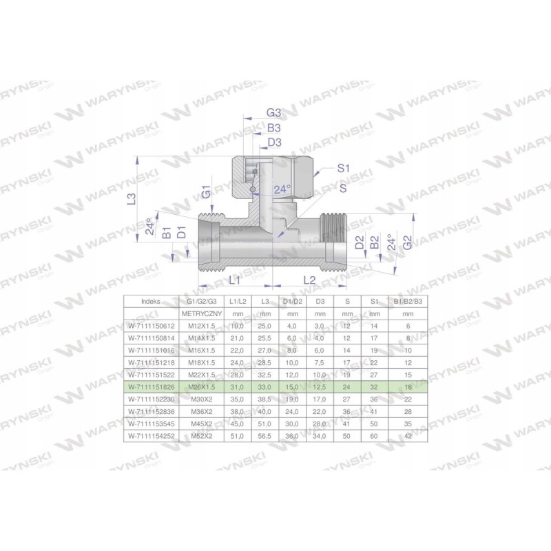 Symmetrical metric hydraulic tee bab m26